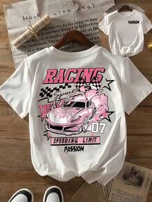 Girls' Short-Sleeved Summer T-Shirt With A Creative "Pink Car" Print, Available In Pink, White, And Other Colors. Made Of 100% Polyester Fiber, It's Slightly Stretchy, Has A Round Neck, And A Regular Fit. This Casual And Sporty Sweater Is Hand-Washable And Suitable For Holiday Parties Or As A Gift For Christmas Or Birthdays. It's Ideal For Girls' Summer Beach Outfits, Comfortable, Durable, And Stylish For Everyday Casual Wear. - 白色 - 查看 6