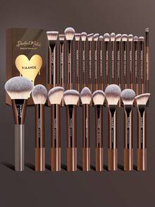 MAANGE 5pcs/13pcs/15pcs/25pcs Professional Makeup Brush Set, Includes Velvet Makeup Bag, Makeup Pouch, 13pcs Soft Long Aluminum Tube Makeup Brushes Set + 2pcs Makeup Sponge Accessories, Containing Powder Brush, Contour Brush, Blush Brush, Highlighter Brush, Eyeshadow Brush, Eyebrow Brush, Lash Brush, Eyeshadow Brush - Coffee Brown - View 4