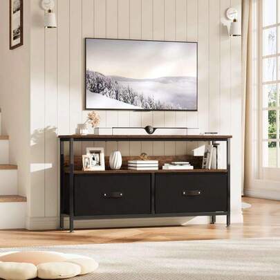 TV Stand Cabinet Up To 50-Inch, TV Unit With 2 Linen Drawers & Open Shelf For Living Room, Bedroom, Entertainment Room