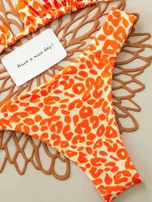 2pcs/Set Leopard Print Sexy Lace-Up Backless Swimwear Bikini, Suitable For Vacation, Beach, Stage Performance & Concert In Summer - Orange-red - View 6