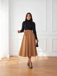 Women's Midi A-Line Skirt With Tie Detail, Elegant, Comfortable, Modest, Timeless, And Comfortable, For Evangelical Fashion, Spring/Summer, Autumn/Winter. - Lạc đà - Xem 1