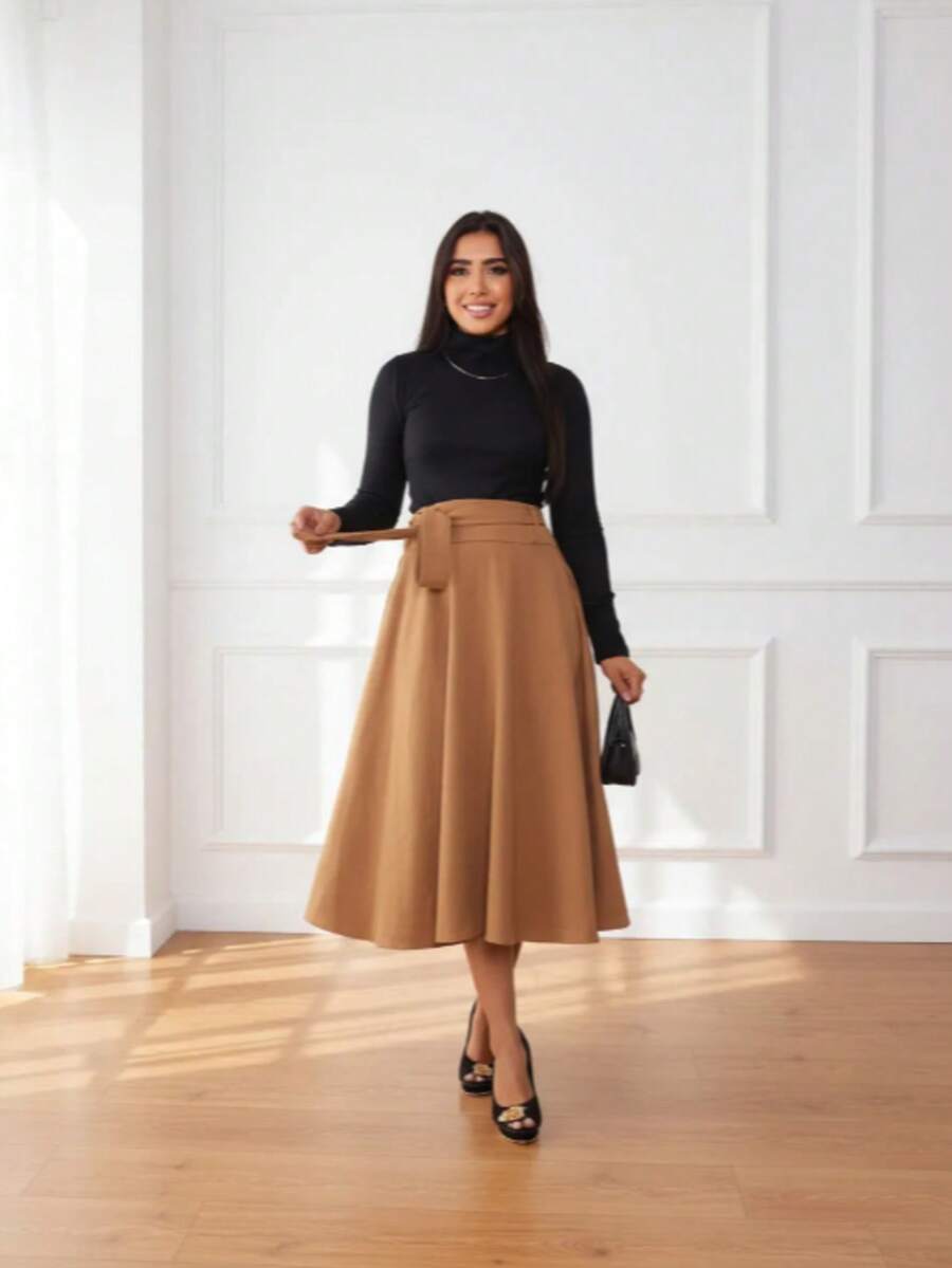 Women's Midi A-Line Skirt With Tie Detail, Elegant, Comfortable, Modest, Timeless, And Comfortable, For Evangelical Fashion, Spring/Summer, Autumn/Winter. - Lạc đà - Xem 1
