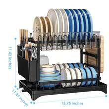 HanTai Dish Drying Rack, 2 Tier Large Dish Drying Rack For Kitchen Counter With Drainboard Stainless Steel Dish Drainer For Dish/Knifes/Cup/Cutting Board, Black - 查看 5