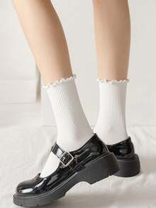 5 pares de calcetines de media pantorrilla, color blanco sólido con diseño de volantes a rayas, adecuados para el hogar, viajes, vacaciones y las temporadas de otoño/invierno - Blanco - Ver 8