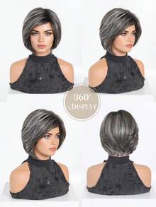 8 Inch Brown With Gray Highlight Short Bobo Wig, Heat Resistant Synthetic Wig, Natural For Daily, Office, And Party Wear - Grey - View 6