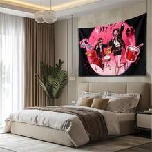 1 pieza Tapiz de pared con tema de arte y música - Diseño inspirado en K-Pop con tambores y micrófonos, tela colgante horizontal rosa y negra para dormitorio, fondo de TV, decoración de dormitorio - Textura suave similar al poliéster - Multicolor - Ver 3