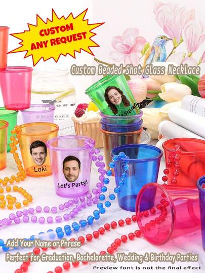 Reusable Custom Shot Glass Necklace – Clear Mini Party Cup, Personalized Beaded Shot Cup, Custom Text Shot Cup, Easy To Clean Shot Necklace, Non-Disposable Shot Glass, Graduation Party Favor, Wedding Shot Cup Gift, Bachelorette Party Cup, Birthday Favor Necklace Easy-To-Clean Graduation Favor, Colorful Party Accessory For Bachelorette, Wedding, Or Birthday
