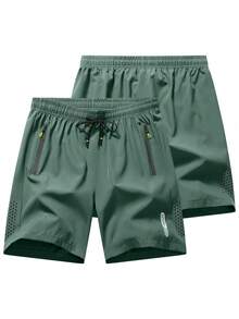 3-Pack Of Men's Stylish Athletic Shorts With Black Drawstring Design And Zippered Pockets, Perfect For Summer Workouts And Outdoor Activities - Xanh dương + Xanh hải quân + Xanh lá cây - Xem 5