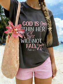 Teen Girl "God Is Within Her She Will Not Fall Psalm 46:5" Slogan Print T-Shirt, Suitable For Travel, Outdoor Sports, Daily Wear, Fashionable For Girls In Spring And Summer - Dark Grey - View 1