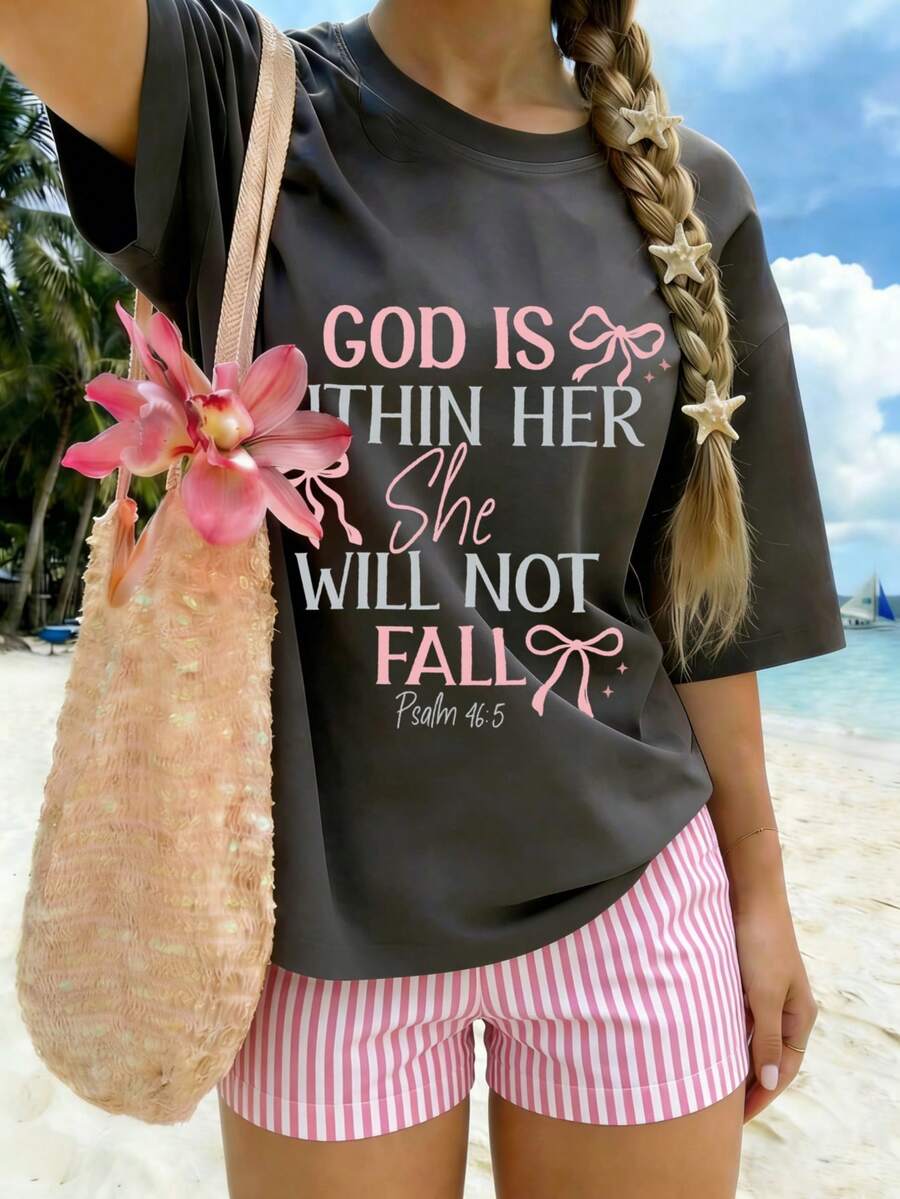 Teen Girl "God Is Within Her She Will Not Fall Psalm 46:5" Slogan Print T-Shirt, Suitable For Travel, Outdoor Sports, Daily Wear, Fashionable For Girls In Spring And Summer - Dark Grey - View 1