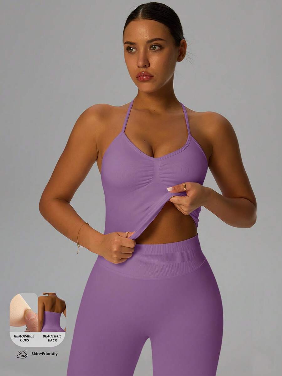 Yefecy Áo tank top yoga thể thao Impact mới, áo tập yoga nữ, đồ thể thao, áo hở lưng xếp ly có cúp ngực tích hợp, mùa xuân - Màu tím  Violet - Xem 1