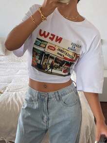 Camiseta holgada de mujer de cuello redondo y manga corta con estampado de letras con diseño, camiseta de verano gráfica oversize - Blanco - Ver 7