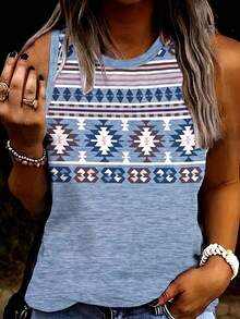 Women's Sleeveless Geometric Print Tank Top - Colorblock Abstract Art Design, Breathable Medium Stretch Fabric, Round Neck Casual Shirt, Summer Clothing White - White - View 1