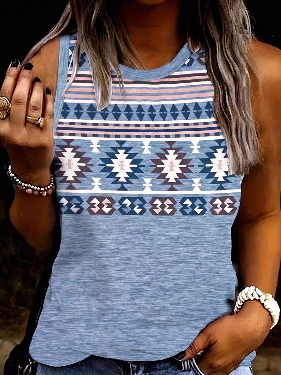 Women's Sleeveless Geometric Print Tank Top - Colorblock Abstract Art Design, Breathable Medium Stretch Fabric, Round Neck Casual Shirt, Summer Clothing White - White - View 1
