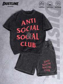 2PC Black Mens Creative T Shirt And Shorts Set American Vintage Full Print Street Wear Essential Graphic Tee And Shorts With Anti Sociall Sociall Club Logo And Spider Print Washed Look Casual Outfit For Everyday WearWomen's Vintage Washed Set (Unisex) - Black - View 8