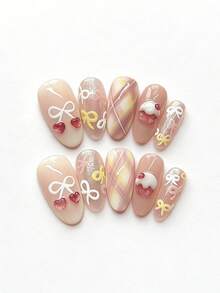 10pcs Pure Handmade Press On Nails Long Nails Alnmond Nails Pink Nails Sweet Girlish Style Pink Gradient Glitter Hand-Painted Bow Plaid 3d Cake Heart Charm Cute Gentle Press-On Nails For Women And Girl,Spring Summer Fall Winter Festivals Party And Dailys Life Use - Pink - View 1