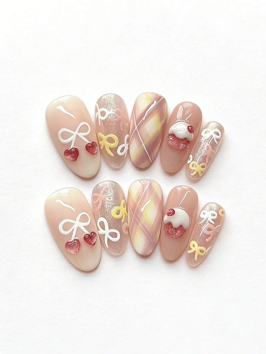 10pcs Pure Handmade Press On Nails Long Nails Alnmond Nails Pink Nails Sweet Girlish Style Pink Gradient Glitter Hand-Painted Bow Plaid 3d Cake Heart Charm Cute Gentle Press-On Nails For Women And Girl,Spring Summer Fall Winter Festivals Party And Dailys Life Use - Pink - View 1