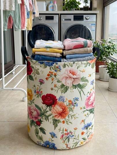 1pc Floral Print Foldable Round Storage Basket With Handle, Large Capacity Multi-Purpose Storage Bin For Nursery, Baby Diaper, Clothes, Toys Organization