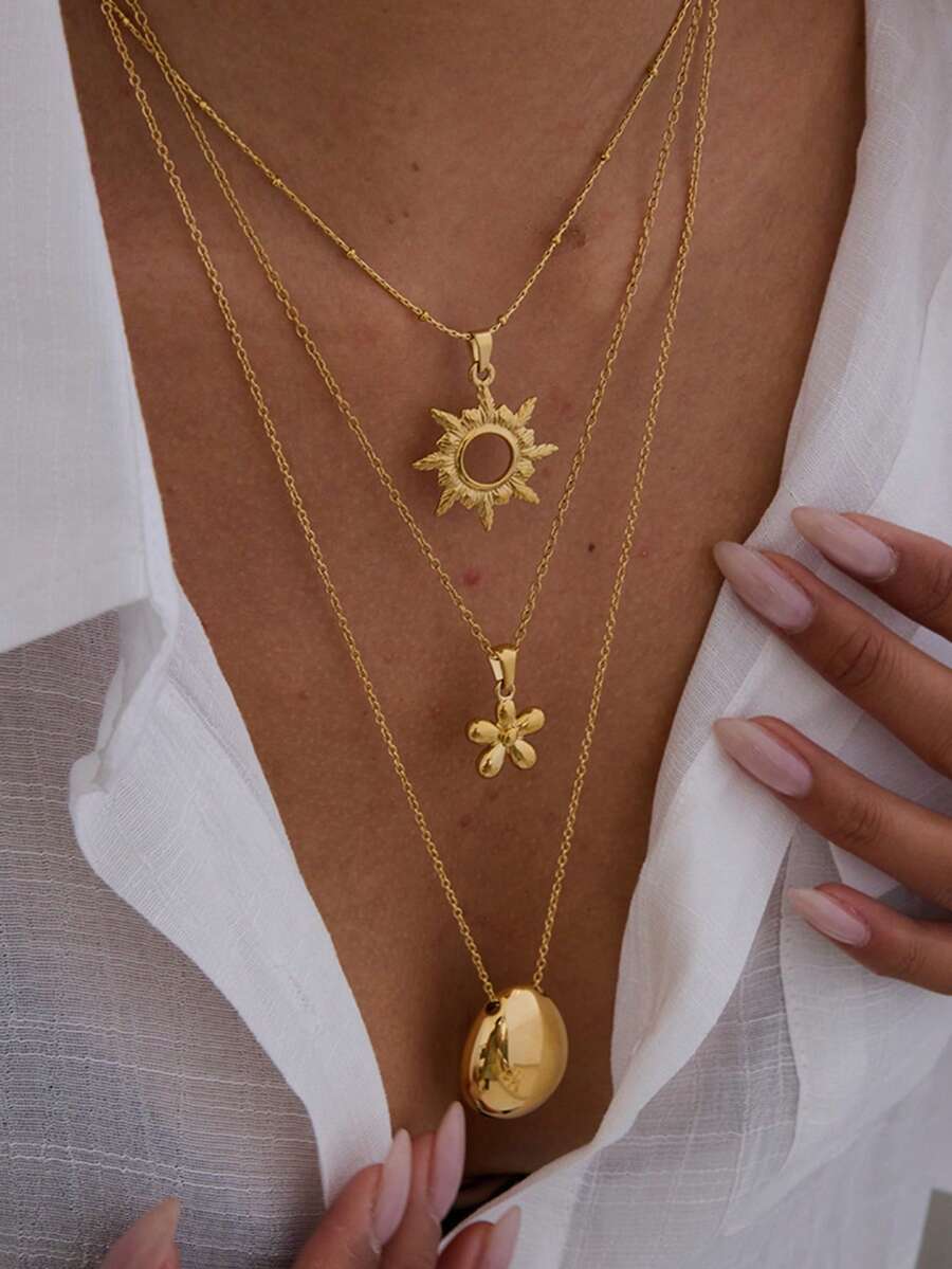 rundraw 1pc New Summer Oval Sunflower Hollow Flower Pendant Necklace, Fashionable Bohemian Stainless Steel Gold Color Necklace For Women, Suitable For Beach, Outdoor Travel, Party, Daily Outfit, Holiday, Anniversary, Best Gift For Friends And Lovers - Gold - View 1