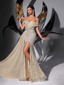 LUVISTRUE 女款正式晚禮服，閃亮亮片開衩魚尾長洋裝，優雅適合晚宴、宴會、夏季晚裝與秋季穿著 - 米色 - 查看 4