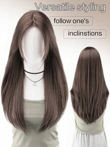 1pc Synthetic Heat-Resistant Straight Wig, Brown/Red/White, Middle Part Bangs, 26 Inch Long, Fully Machine Wefted Natural Looking Wig For Daily Wear - Multicolor - View 1