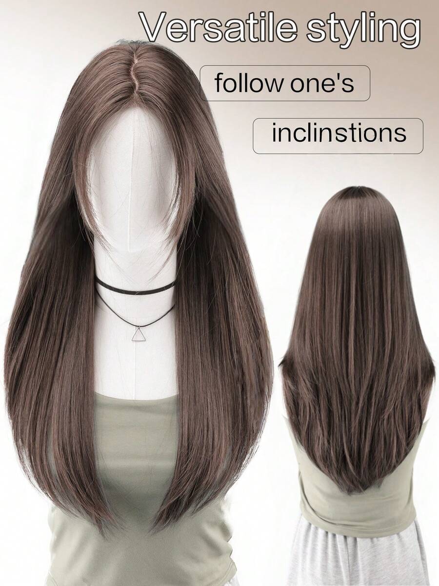 1pc Synthetic Heat-Resistant Straight Wig, Brown/Red/White, Middle Part Bangs, 26 Inch Long, Fully Machine Wefted Natural Looking Wig For Daily Wear - Multicolor - View 1