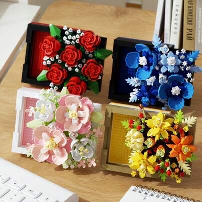 9 Types,DIY Flower Building Blocks Set - Creative Mini Bouquet Kit With Transparent Acrylic Display Box, 9 Types (Rose, Tulip, Peony, Sunflower, Carnation, Hyacinth, Camellia, Gardenia), 1-4 Inch ABS Plastic Stackable Bricks, Romantic Handmade Gift For Home Decor
