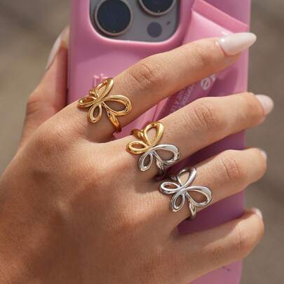3pcs/Set 18K Gold Plated Hollow Butterfly Ring Set, 304 Stainless Steel Open Ring, Minimalist Insect Theme Jewelry For Women, Low Allergy, Suitable For Daily Wear And Spring Outfits