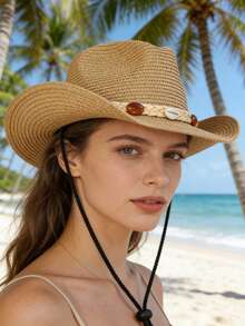 Beach Vacation Straw Cowboy Hat UV Protection Windproof Fashion Western Style Sun Hat - Straw Cowboy Hat - View 4