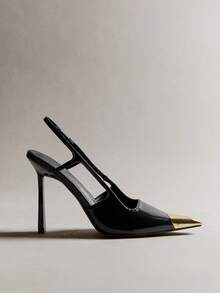 Hauture 优雅女士黑色漆皮露跟尖头金属鞋头方头细高跟鞋性感春夏度假派对鞋 - 黑色 - 查看 6