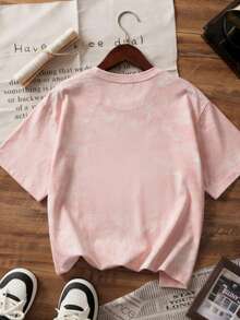 宽松复古扎染卡通图案T恤，Y2K甜美少女风oversize上衣，复古卡通标语休闲T恤，柔软舒适，适合卡通爱好者日常穿着，爆款童装风街头服饰 - 粉色 - 查看 4