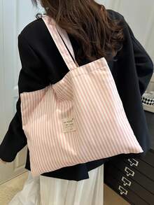 Túi tote vải canvas sọc dung tích lớn mới 2026 cho nữ, túi đeo vai sọc phong cách retro trang trí nhãn vải, cấu trúc canvas nhẹ thoáng khí với thiết kế miệng rộng, phù hợp đựng laptop, sách, mỹ phẩm, đồ dùng hàng ngày, lý tưởng cho đi làm, đi học, du lịch cuối tuần - Hồng - Xem 4