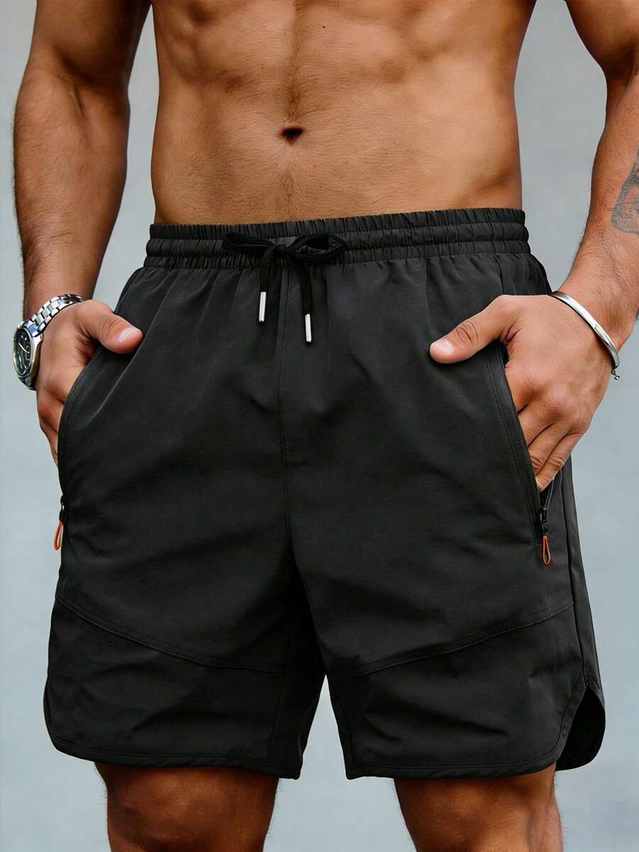 男士夏季透氣快乾百慕達運動短褲,彈性腰帶附口袋,休閒運動褲 - 黑色 - 查看 1