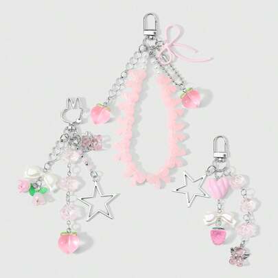 1 chiếc móc khóa đính cườm CCB màu hồng pastel dễ thương, làm thủ công bằng sơn acrylic, hình trái tim rỗng, ngôi sao, nơ, hoa linh lan, dâu tây, đào, pha lê, cánh thiên thần, gấu. Thích hợp cho phụ nữ, bé gái, chị em gái, bạn thân, dùng hàng ngày, quà tặng ngày lễ.