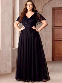 EVERPRETTY Plus Size V-Neck Sequin Patchwork Ruffle Sleeve Mesh Black Elegant Formal Evening Gown, Suitable For Ladies' Valentine's Day Party, Cocktail Party, Ball, Spring Wedding Guest, Etc. - Black - View 9