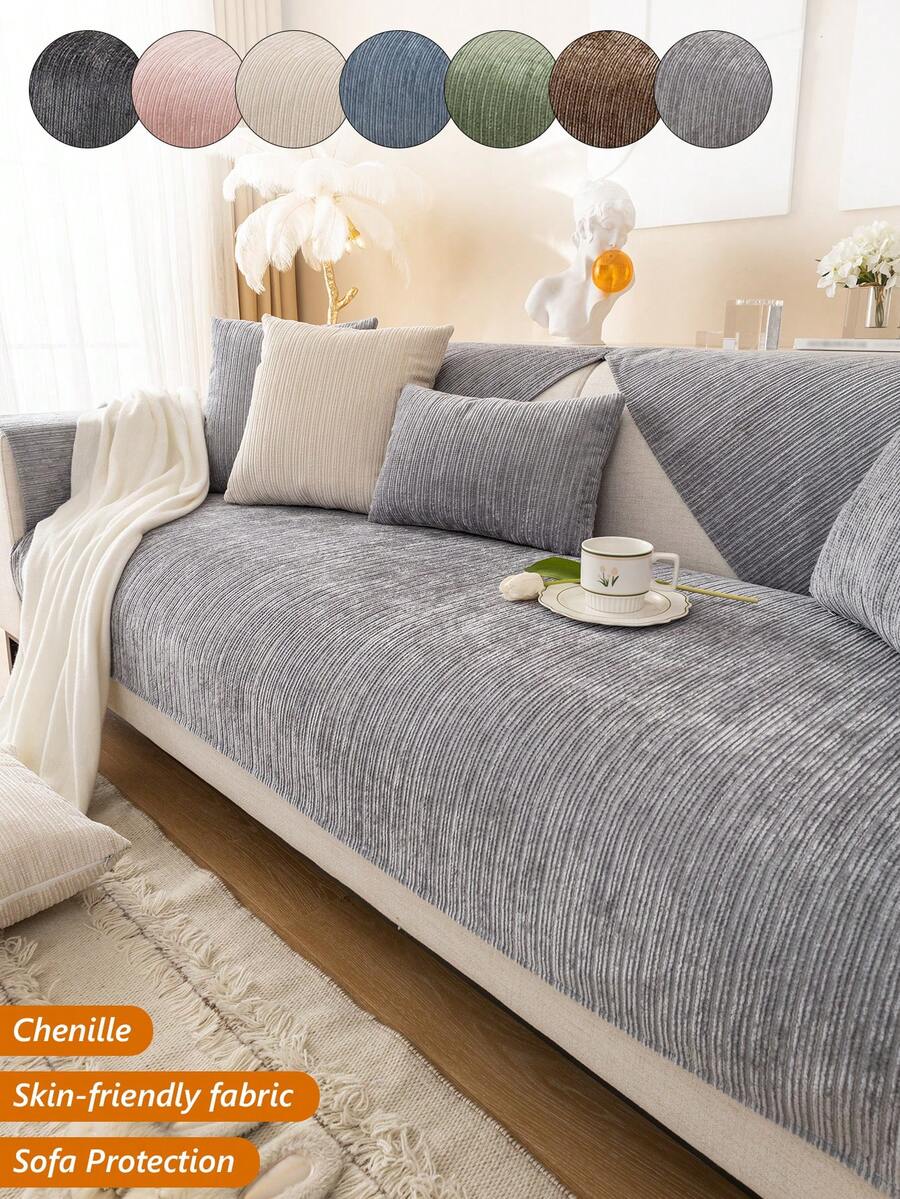 1 chiếc đệm sofa chống trượt bằng vải nhung kẻ sọc màu trơn, thân thiện với da, dùng được cả bốn mùa, có thể giặt máy, dùng để bảo vệ đồ nội thất sofa trong phòng khách, phòng ngủ, phòng học.