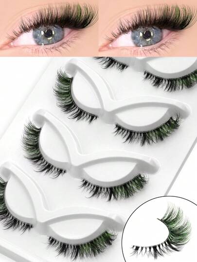  GROINNEYA 5 par gröna ögonfransar, korsade ögonfransar med gröna ögonfransar i änden, genomskinligt band, helremsa, ögonfransar, förlängda kattögonfransar, dramatiska ögonfransar, lämpliga för fester, cosplay (CD12)