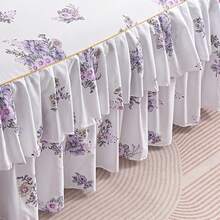 Juego de 3 piezas de falda de cama con volantes dobles de estilo minimalista y moderno con estampado floral, ropa de cama para dormitorio (1 falda de cama, 2 fundas de almohada, sin núcleo interior) - Púrpura malva - Ver 5