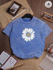 Cotton Summer Women's Funny Print Hiphop "Daisy" Personalized Floral Pattern Print Street Style, Korean Version Comfortable Retro Fashion Commuter Y2K Women's Wear, Suitable For Outdoor Leisure, Regular Niche Punk Style Black Slim Fit Crew Neck Short Sleeve Washed T-Shirt Casual Anti-Wrinkle Cotton T-Shirt - 寶藍色 - 查看 1