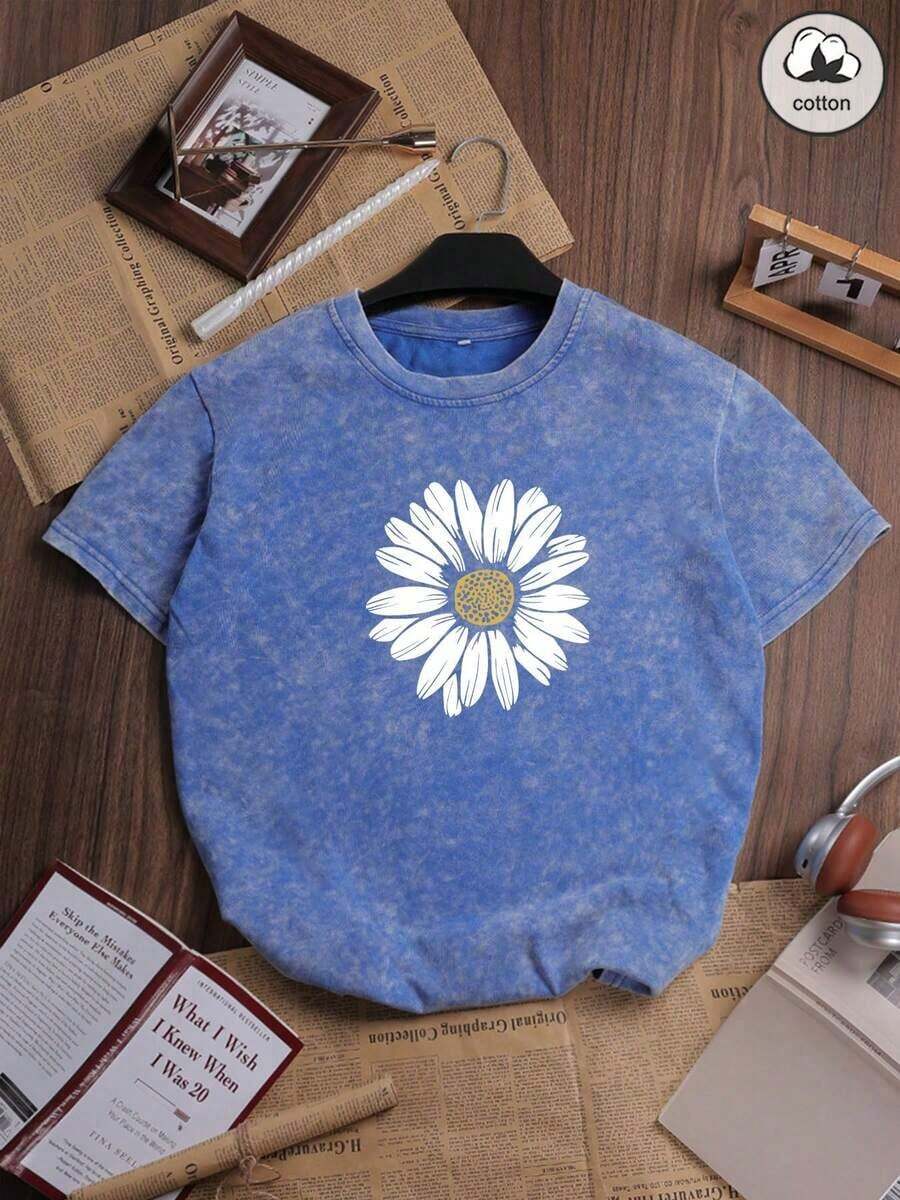 Cotton Summer Women's Funny Print Hiphop "Daisy" Personalized Floral Pattern Print Street Style, Korean Version Comfortable Retro Fashion Commuter Y2K Women's Wear, Suitable For Outdoor Leisure, Regular Niche Punk Style Black Slim Fit Crew Neck Short Sleeve Washed T-Shirt Casual Anti-Wrinkle Cotton T-Shirt - 寶藍色 - 查看 1