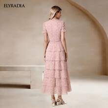 ELYRADIA 女士夏季粉色蕾丝多层长裙，时尚休闲优雅派对正式婚礼场合礼服 - 粉色 - 查看 11