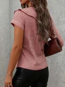 Solstice Apparel Vintage French Red Plaid V-Neck Ruffle Tie Waist Short Sleeve Blouse, Loose Fit Casual Top, Artistic Style For Spring/Summer - Red - View 2