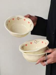 1pc Ins-Style High-Quality Ceramic Heart Flower Rim Rice Bowl, Delicate Underglaze Colorful Heart Ceramic Bowl, Suitable For Home Rice, Porridge, Snacks, Desserts, Restaurants, Kitchens, Dessert Shops - Multicolor - View 9