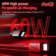 Coca-Cola C16 Starry Series 60W USB C To C Data Cable, [1m/3.3ft] Nylon Braided Fast Charging Cable, 480Mbps Data Transfer, Type-C To Type-C Charging Cable - Black and Red - View 2