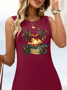 Imitation 2D Coconut Beach Pattern Printed Tank Dress 6424 - 粉色 - 查看 3