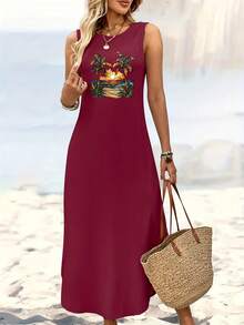 Imitation 2D Coconut Beach Pattern Printed Tank Dress 6424 - 粉色 - 查看 5
