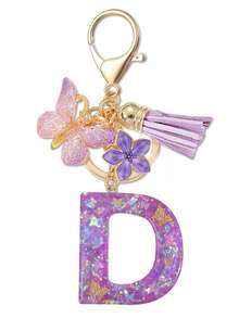 1个紫色蝴蝶字母钥匙扣，饰有闪亮亮片、流苏和珐琅花朵吊坠，时尚手提包挂件，母亲节礼物 - 淡紫色 - 查看 6