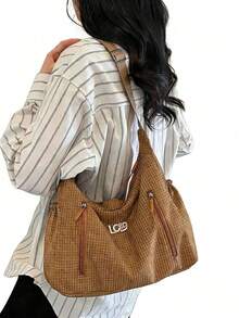 Women's Fabric Plaid Crescent Underarm Bag, Letter Embroidery Multi-Pocket Design Can Hold Water Bottle, Casual Sports Practical Shoulder Bag - Multicolor - View 1