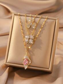 3件套不对称锆石吊坠项链，休闲风格，适合日常佩戴 - 彩色 - 查看 9