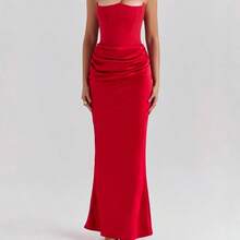 Wt-2026 New Multi-Color Corset Off-Shoulder Fishbone Pleated Long Bodycon Satin Dress. - Màu xanh lá cây đậm - Xem 2